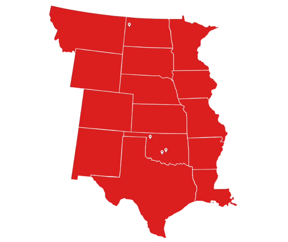 Kinetic Industrial Service Area Map showing Oklahoma, Texas, New Mexico, Colorado, Kansas, Missouri, Arkansas, and Louisiana